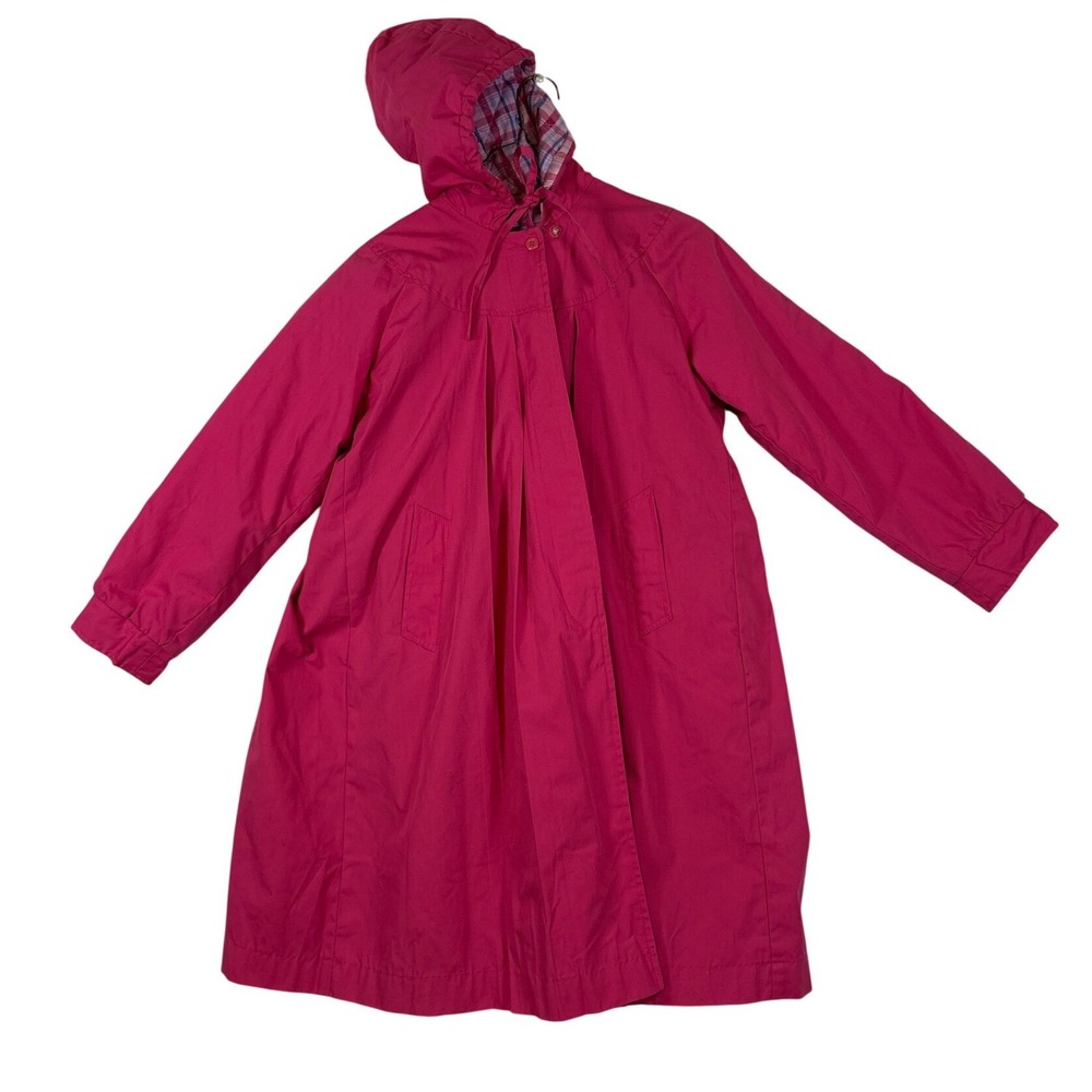 London Fog Magenta Pink Hooded Trench Coat  Pleated Back Vintage 12